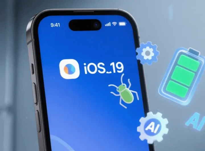 Smartphone con logo iOS 19 su sfondo stilizzato